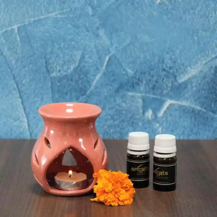 KHURJA POTTERY ‘Rose Charmer‘ Ceramic Aroma Diffuser for Home Aroma Oil Burner Fragrance Aroma Diffuser with Two Essential Oils (Rose Pink 2.8″ (L) 2.8″ (W) 3.5″ (H) Inch)