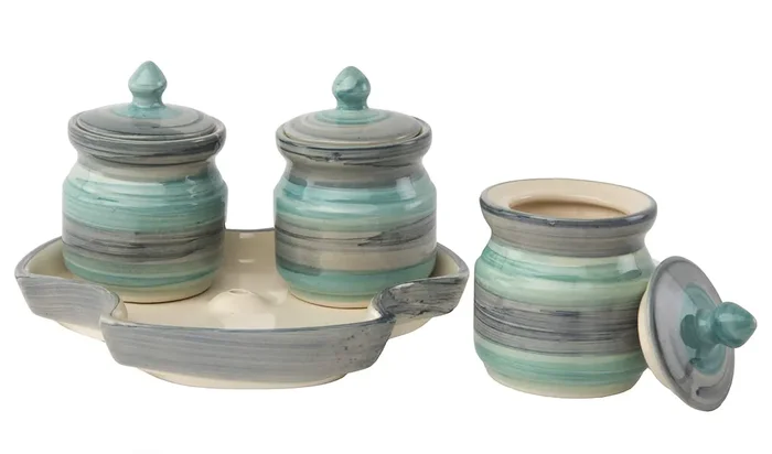 KHURJA POTTERY Sea Green table top Ceramic Jars Set (3 Jars with 3 lids 1 tray) for Kitchen 140ML Each
