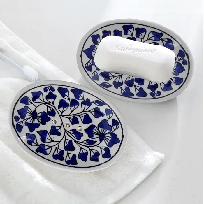 KHURJA POTTERY Self Draining Ceramic Soap Holder Bar Soap Holder Easy to Clean Keeps Soap Dry (Leaf Blue)