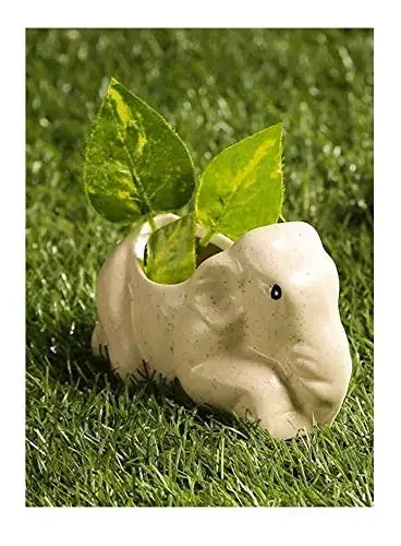 KHURJA POTTERY Set of 2 White Ceramic Mini Table Top Planter in Shape of Small Elephant
