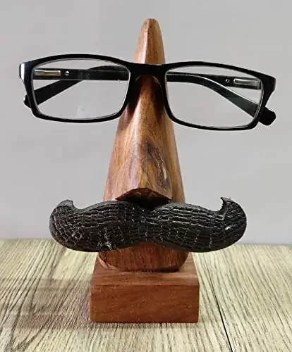 KHURJA POTTERY Sheesham Wood Handmade Wooden Nose Shaped Spectacle Specs Eyeglass Holder Stand with Moustache