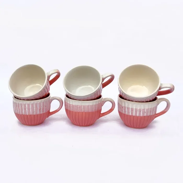 KHURJA POTTERY Studio Pottery Ceramic Coffee Mugs Cups Set of 6 (Pink – White 150 ml Each Microwave & Dishwasher Safe) Tea Hand Glazed & Handmade Special Rare Edition