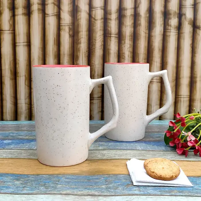 KHURJA POTTERY Studio Pottery Ceramic WhiteMatt Tall Beer (White & Red) Milk/Coffee/Tea Ceramic Studio Potterys Set of 2 Ceramic Coffee Mug (500 ml Pack of 2)