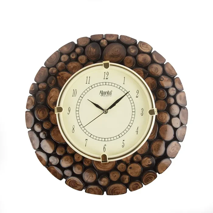 KHURJA POTTERY Stylish Wooden Round Shape Hanging Wall Clock Antique Bamboo Finish – 12 inch Dia with Wood (Designer Vintage Wall Clock) a for Any Occasion