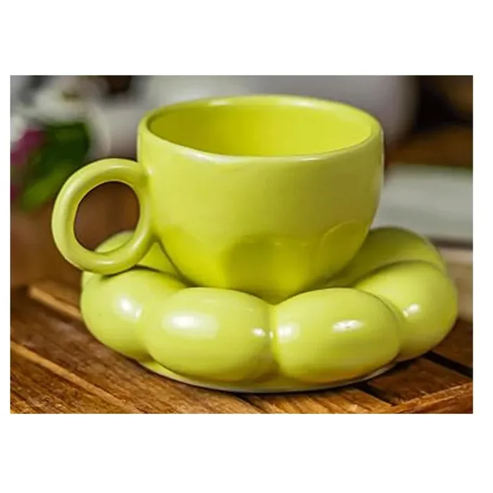 KHURJA POTTERY Sunflower Ceramic Cup Plate Set Tea Coffee Cup Mug Set of 2 Handmade Microwave Safe Gifting Mugs (Sunflower Yellow Set)