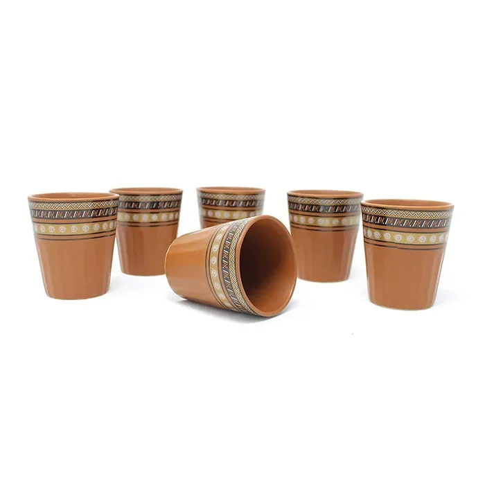 KHURJA POTTERY Tea Cutting Chai Cups Kullad Glasses Ceramic Set of 6 Khullads (Handcrafted Brown Matte Decal Printed) Microwave Safe – Dishwasher Safe