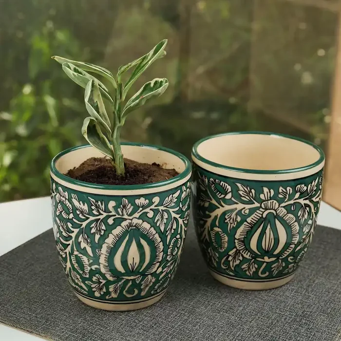 KHURJA POTTERY ‘ Turkish Forest‘ Ceramic Planter Pots for Indoor Plants Flower Pots for Garden Decoration Items (Set of 2 Forest Green)