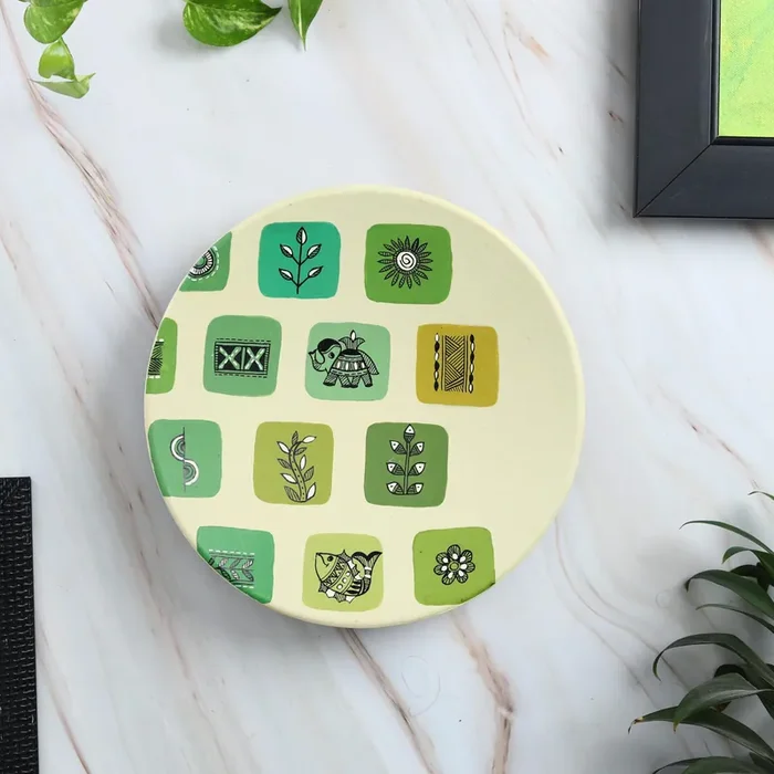KHURJA POTTERY ‘Warli Square‘ Terracotta Wall Plates Hanging For Living Room Decorative Hand Painted Wall Plate For Home Decor Home Decoration Gift Item (9.5 inch Green)