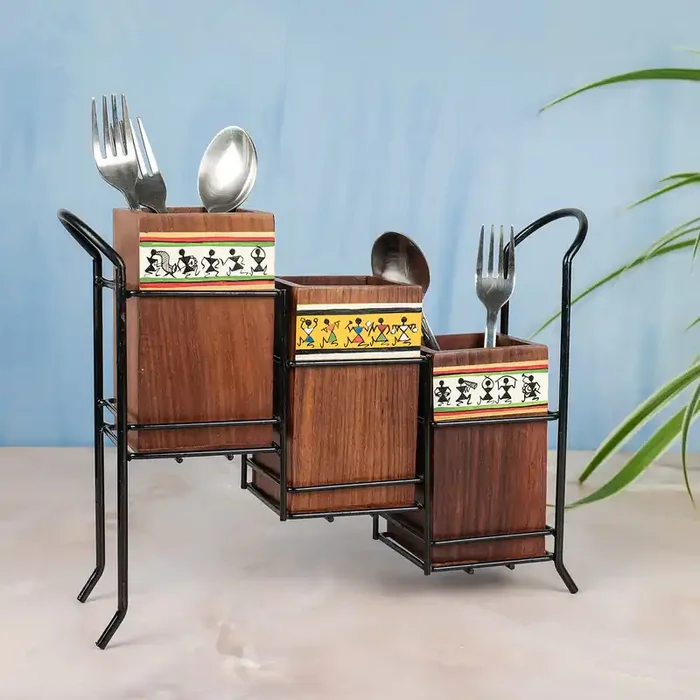 KHURJA POTTERY ‘Warli Trio‘ White & Yellow Wooden Cutlery Holder for Dining Table Spoon and Fork Stand for Kitchen cum Pen Stand for Study Table (12.4 X 3.2 X 9.3 Inch)