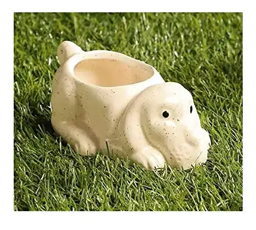 KHURJA POTTERY White Ceramic Mini Table Top Planter in Shape of Small Dog Made in India Environment Friendly Small Table Pot for Indoor Plant Home Decor Mini Garden or Balcony (2)