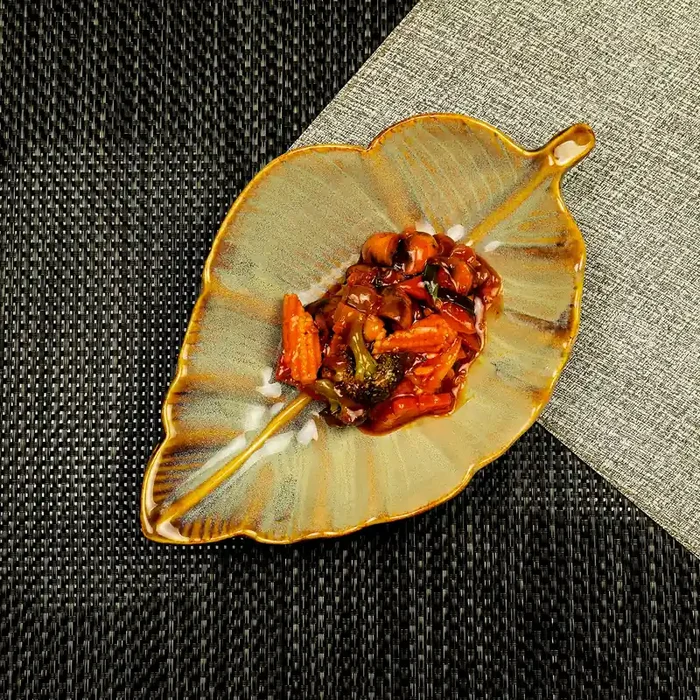 KHURJA POTTERY ‘Yellow Leaf‘ Ceramic Platter for Serving Platter Plate for Snacks Starters for Home Office Apetizer Tray for Hotel & Restaurnats
