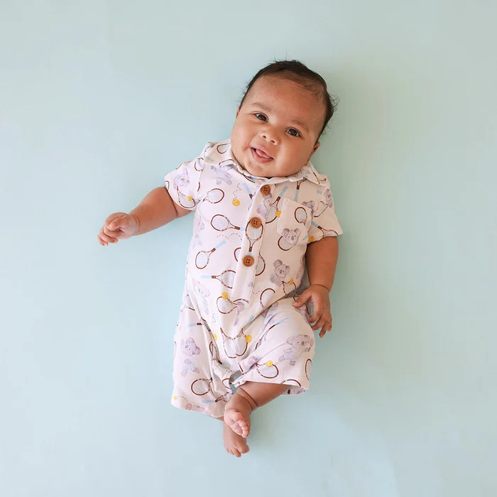 Koala White Collared Henley Short Romper | Nicolas