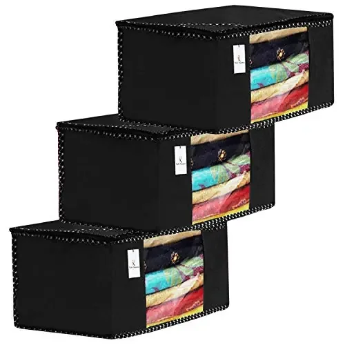 Kuber Industries 3 Piece Non Woven Fabric Saree Cover Set with Transparent Window Extra Large Black-Ctktc31868