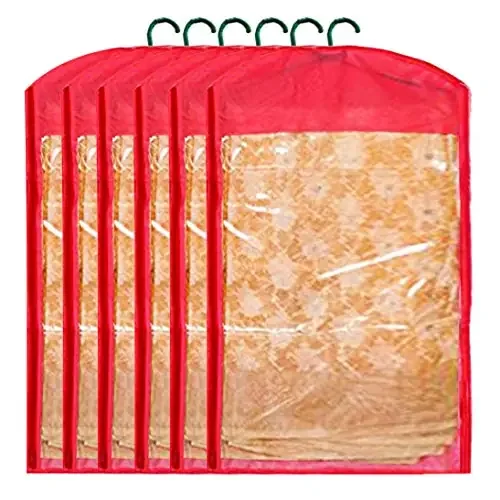 Kuber Industries 6 Pieces Non Woven Hanging Saree Cover Wardrobe Organiser with Hanger (Red) – Ctktc30945