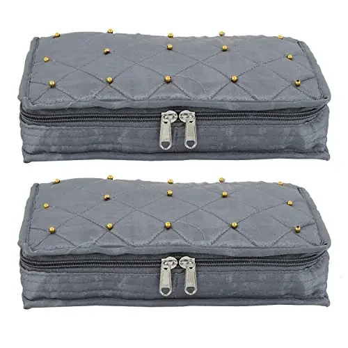Kuber Industries Beads Satin Jewellery Kit/Make Up Kit/Jewellery Box Wedding Collection Gift (Grey)-Pack Of 2-KUBMART15804