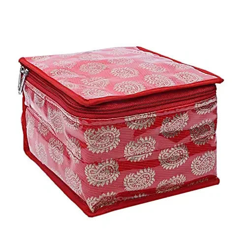 Kuber Industries Brocade Jewellery Box/Organizer with 10 Pouch – Red -CTKTC021464