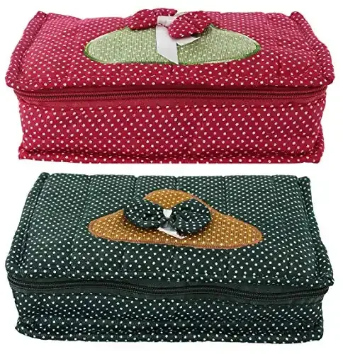 Kuber Industries Cotton Multipurpose 7 Pocket Dot Printed Jewellery Storage Bag Pouch/Travel Kit Organizer (Pink & Green)-Pack of 2-KUBMART15443