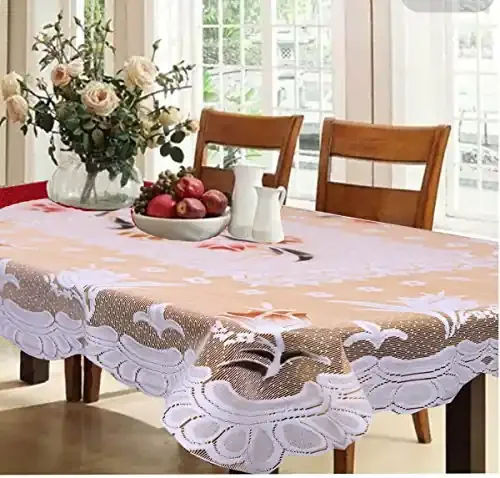 Kuber Industries Dining Table Cover Cream Cloth Net for 6 Seater 6090 Inches (Exclusive Floral Design)