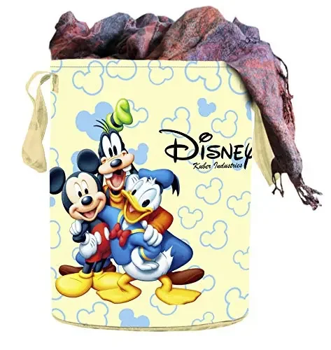 Kuber Industries Disney Team Mickey Round Non Woven Fabric Foldable Laundry Basket Toy Storage Basket Cloth Storage Basket with Handles 45 LTR (Cream)-KUBMART12049