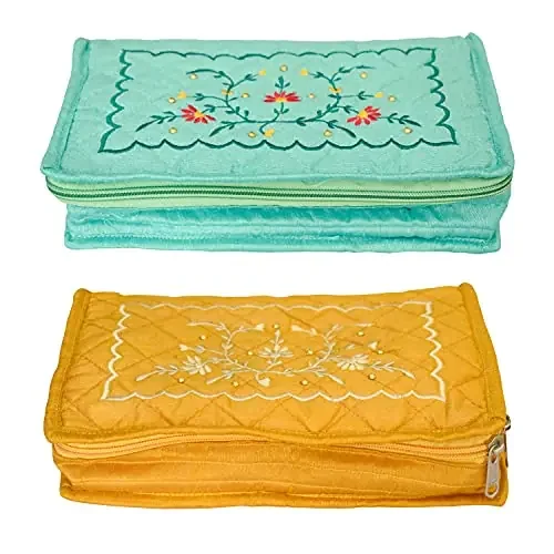 Kuber Industries Embroidery Design Portable Jewellery Organizer With 6 Tranasparent Pockets For Keeps Your JewelleryEarrings Pendants Organized And Se- Pack of 2 (Yellow & Green)