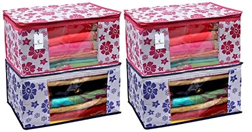 Kuber Industries Flower Design 4 Piece Non Woven Fabric Saree Cover Set with Transparent Window Extra Large Pink & Blue -CTKTC40814