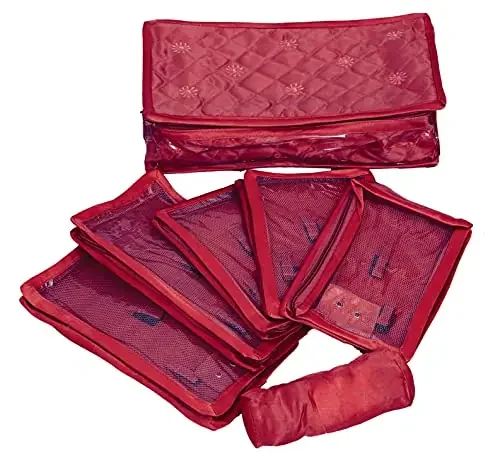 Kuber Industries Jewellery Box/Organizer with 5 Transparent Pouch (Maroon)