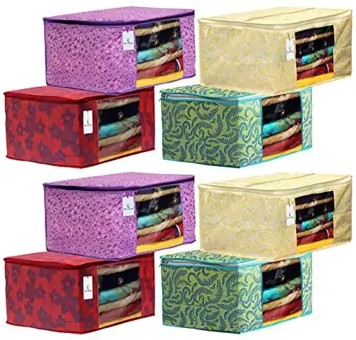 Kuber Industries Metalic Printed 8 Piece Non Woven Fabric Saree Cover Set with Transparent Window Extra Large Green & Gold & Red & Pink Purple -CTKTC40934