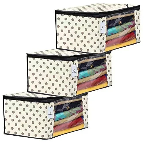 Kuber Industries Polka Dot Design 3 Piece Non Woven Fabric Saree Cover Set with Transparent Window Extra Large Ivory-CTKTC31924