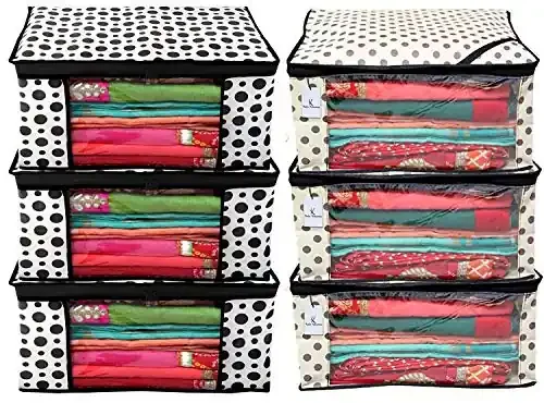 Kuber Industries Polka Dot Design 6 Piece Non Woven Fabric Saree Cover Set with Transparent Window Extra Large Cream & White -CTKTC40855 Standard