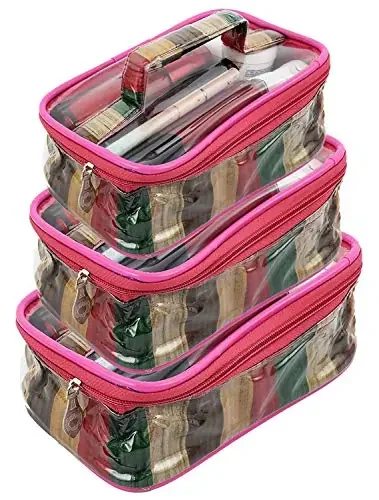 Kuber Industries Portable Transparent Travel Storage Carry Pouch PVC Zippered Toiletry Bag Organizers with Handle for Vacation Travel Bathroom-Pack of 3 (k) L