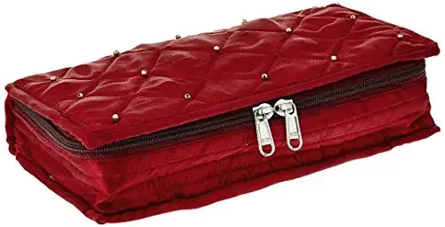 Kuber Industries Premium Satin Jewellery Pouch Kit Embroidered Front With Zipper Closure 4 Flaps with 2 Extra Pockets Size 25 x 15 x 7 Pack of 1 Maroon