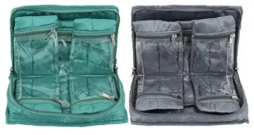 Kuber Industries Satin Beads Design 2 Pieces Jewellery Pouch Cum Makeup Organiser Kit (Green & Grey)