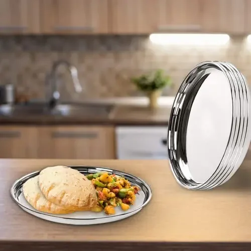 Kuber Industries Stainless Steel Dining Plate Set Stainless Steel Blunt Edges Deep Base Glossy Finish Durable Easy To Clean Steel Plates For Lunch Breakfast Dinner Silver 29Cm