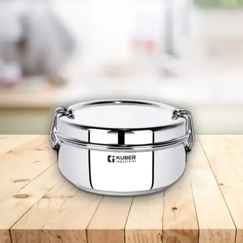 Kuber Industries Stainless Steel Food Pack Lunch Box With Steel Separator Plate And Locking Clip 1 Pc-250 Ml Capacity Silver 250Ml