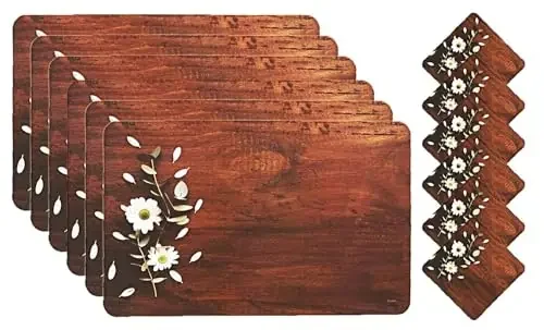 Kuber Industries Wooden Flower Design Pvc 6 Piece Dining Table Placemat Set With Tea Coasters (Brown)-Ctktc032179