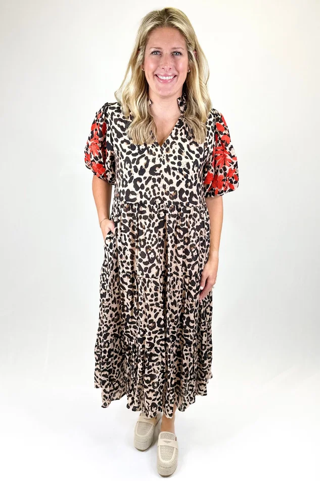 LEOPARD & RED FLORAL EMBROIDERED SLEEVE DRESS