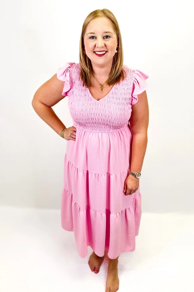 LIGHT PINK SMOCKED BUST MIDI DRESS