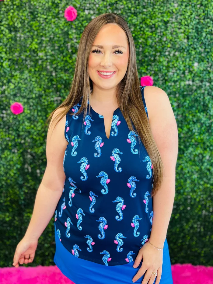 Lulu-B Navy Seahorse Sleeveless Key Hole Top