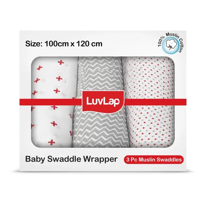 LuvLap 100% Cotton Muslin Baby Swaddle Set, Pack of 3, Size-120cm x 100cm (47″x39″), Dots Printed on White, 0-18 Month+, Printed Mulmal Muslin Swaddle Wrap for New Born Baby, Baby Towel
