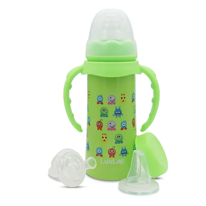 LuvLap 4 in 1 Slim Neck Steel Baby Bottle Cum Sipper with Handle, Made of SS304 Rust Free Steel, BPA Free, Odour Free, Anti Colic Nipple, Spout, Weighted Straw & Cap, Green, 3M+, 240 ml