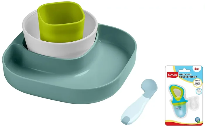 LuvLap 4 Piece Baby Tableware Meal Set (Blue & Green) & Silicone Food/Fruit Nibbler with Extra Mesh, Elegant Blue,