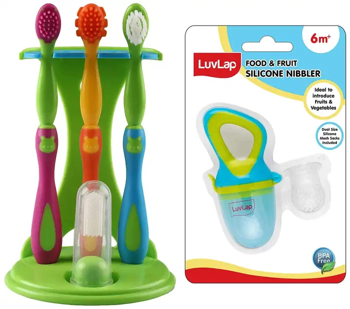 LuvLap 4 Stage Baby Oral Care Set & Kids‘ primary teeth & gums, Infant Gum Massager, 2 Toddler brushes, Elegant Blue