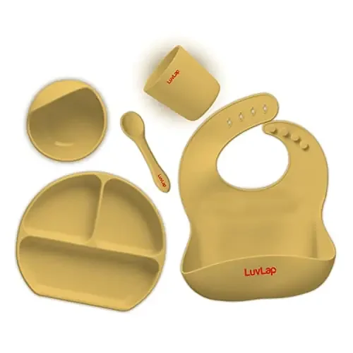 LuvLap 5-in-1 Silicone Baby Cutlery Set Baby Feeding & weansing Essentials – Divider Plate with Suction Base Tumbler Bib with Crumb Catcher Food Bowl with Suction Base Silicone Spoon (Yellow)