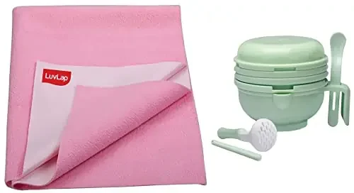 LuvLap 9 in 1 Baby Food Masher Mill (Light Green) & Instadry Anti-Piling Fleece Extra Absorbent Quick Dry Sheet for Baby Small Size 100x140cm Pack of 1 Baby Pink