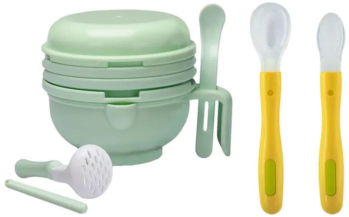 LuvLap 9 in 1 Baby Food Masher Mill (Light Green) & Luvlap Fun Club Baby Silicone Spoon Set, FDA Approved, 2 pcs, Green