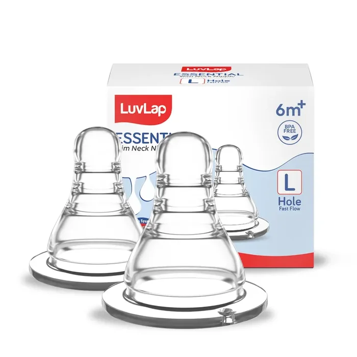 LuvLap Anti-Colic Essential Teat/Nipple for Slim Neck Bottle,2pcs Fast Flow, 6m+, Made of Soft & Flexible Silicone, Ergonomic Shape, Mimics Breastfeeding, Leak Proof, BPA Free, Comes with Sturdy Base