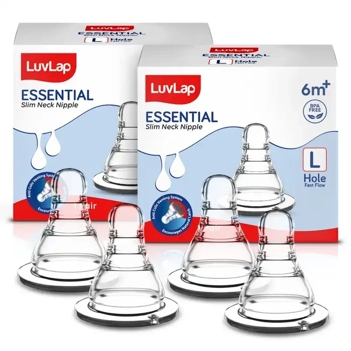 LuvLap Anti-Colic Essential Teat/Nipple for Slim Neck Bottle,4pcs Fast Flow, 6m+, Made of Soft & Flexible Silicone, Ergonomic Shape, Mimics Breastfeeding, Leak Proof, BPA Free, Comes with Sturdy Base