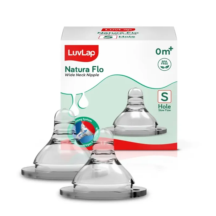 LuvLap Anti-Colic Natura Flo Teat/Nipple for Wide Neck Bottle, 2pcs, Slow Flow, 0m+