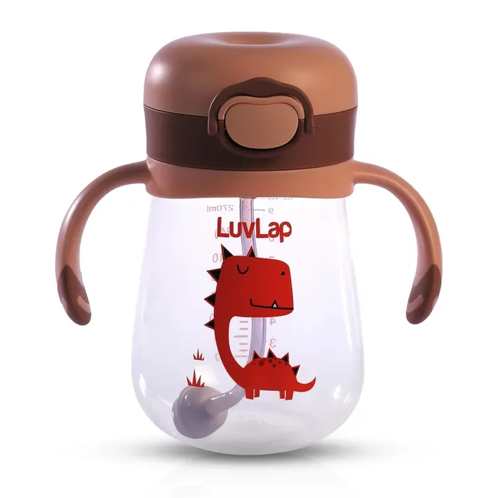 LuvLap Baby Bite Resistant Soft Silicone Straw Sipper Cup with Handle, with Weighted Straw, Sippy Cup with Anti Spill Lock, BPA Free, 6m+, 300 ml, Brown