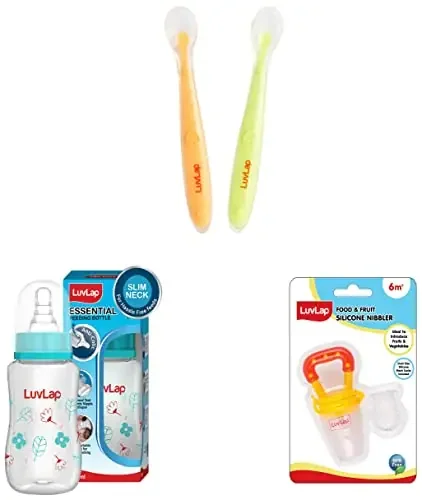 LuvLap Baby Feeding Spoon Set of 2 with Ultra Supple 100% Silicone Tip (Green & Pink) & Anti-Colic Slim Wild Flowers 125ml Green & Silicone Food/Fruit Nibbler with Extra Mesh Soft Pacifier/Feeder